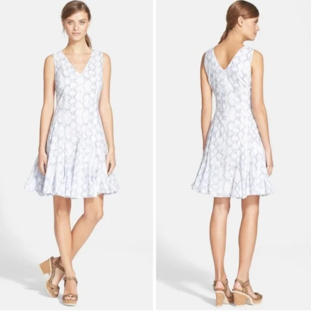 Rebecca Taylor Ikat Tie Dye Print Cotton Fit & Flare Blue Cream Mini Dress sz 0 - Picture 2 of 11